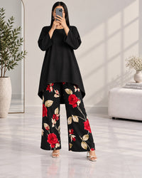 Lelan High-Low Shirt & Printed Wide-Leg Co-Ord Set V-1