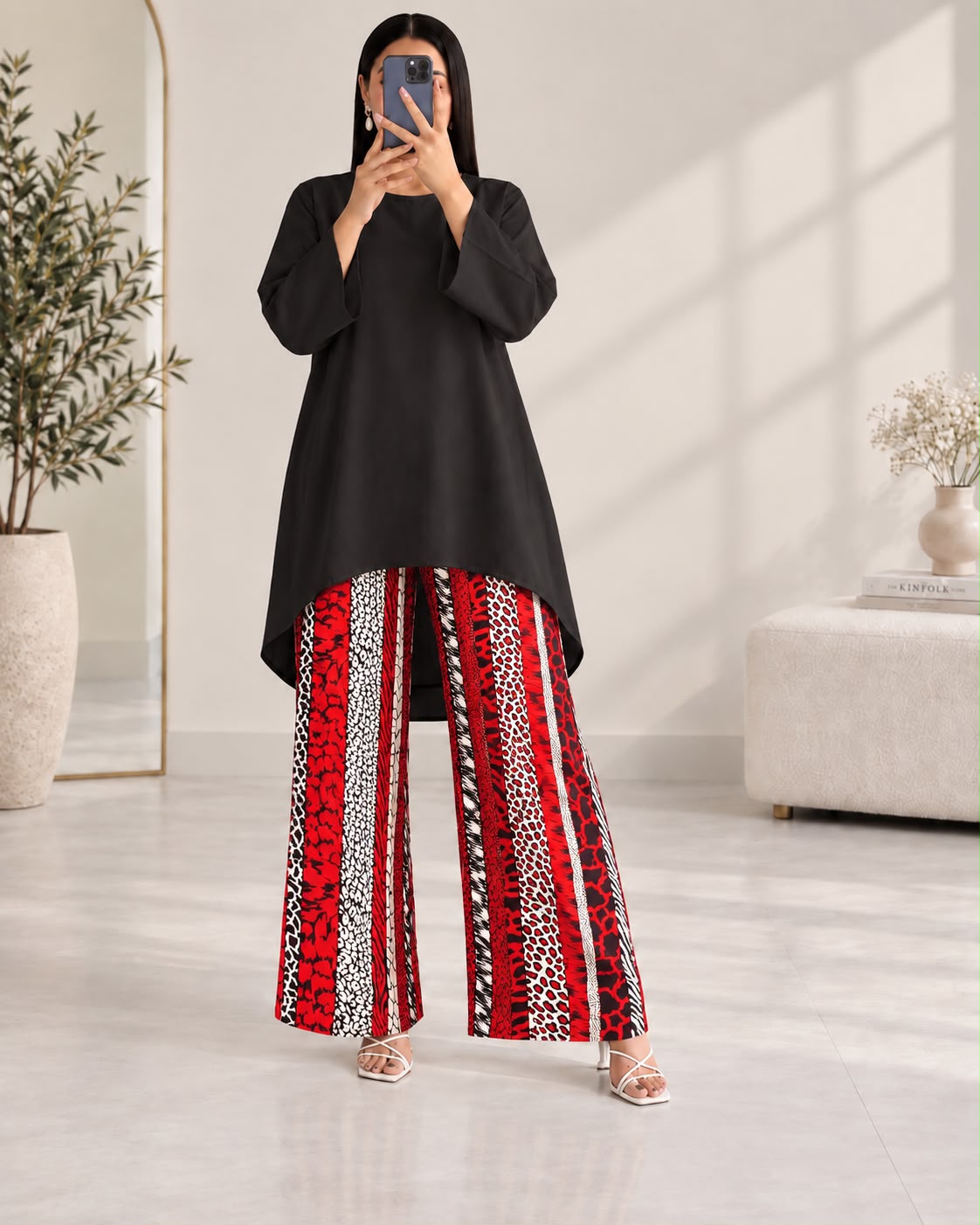 Lelan High-Low Shirt & Printed Wide-Leg Co-Ord Set V-1