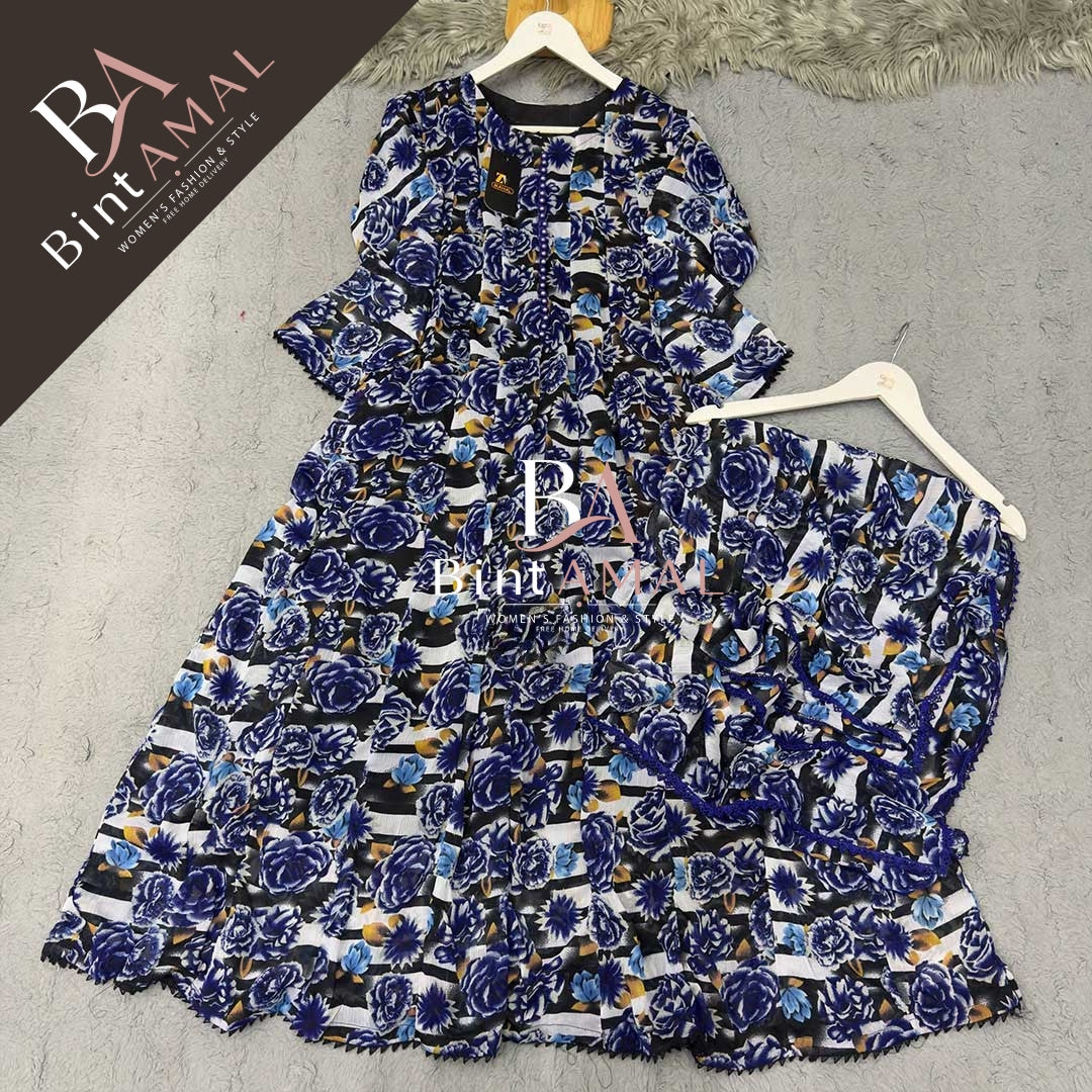 Stylish Bonanza Style 2 Piece Floral Frock with Dupatta