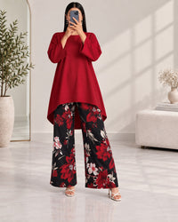 Lelan High-Low Shirt & Printed Wide-Leg Co-Ord Set V-2