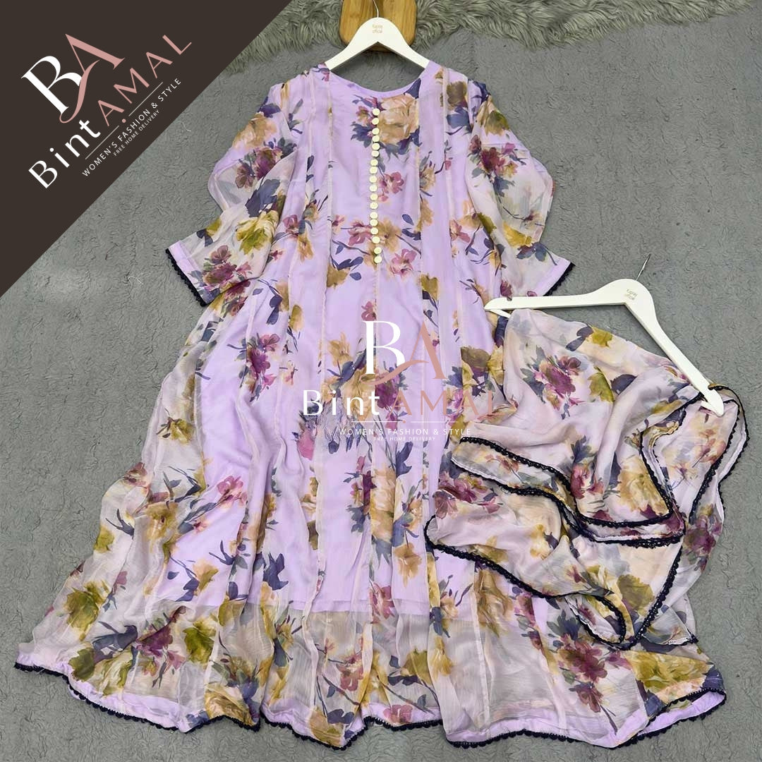 Stylish Bonanza Style 2 Piece Floral Frock with Dupatta