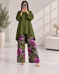 Lelan High-Low Shirt & Printed Wide-Leg Co-Ord Set V-4