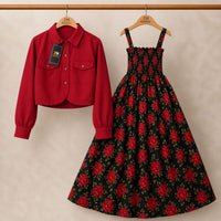 Floral Turkish Style Smokie Maxi Dress Set with Jacket for Women