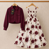 Floral Turkish Style Smokie Maxi Dress Set with Jacket for Women