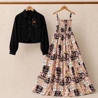 Floral Turkish Style Smokie Maxi Dress Set with Jacket for Women