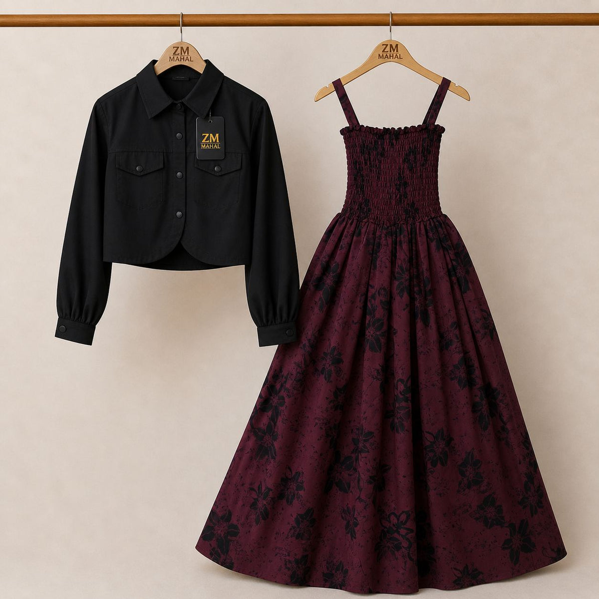 Floral Turkish Style Smokie Maxi Dress Set with Jacket for Women