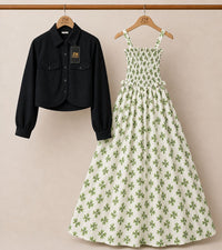 Floral Turkish Style Smokie Maxi Dress Set with Jacket for Women