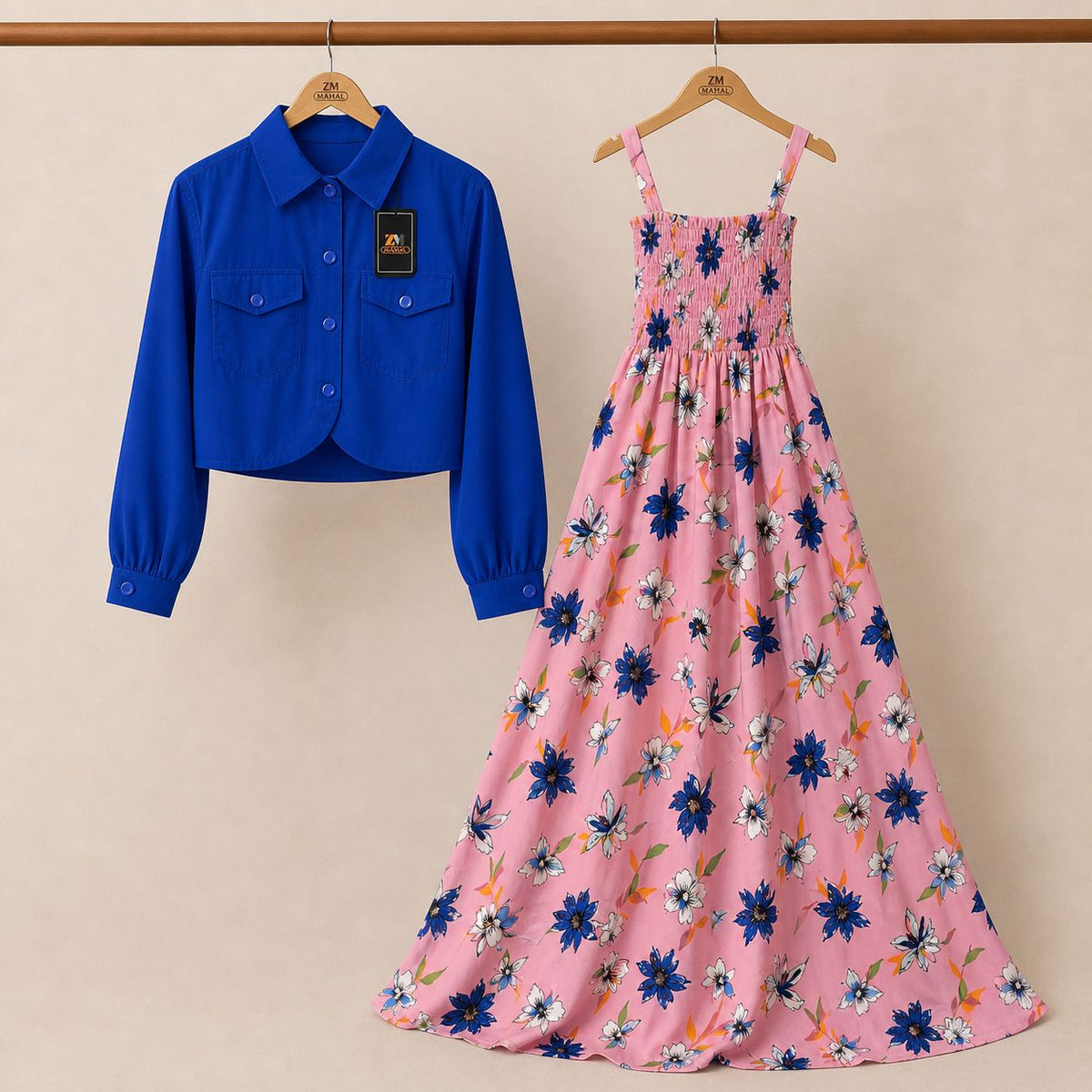 Floral Turkish Style Smokie Maxi Dress Set with Jacket for Women