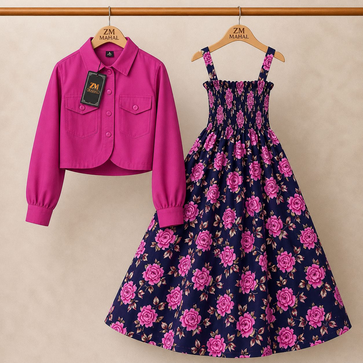 Floral Turkish Style Smokie Maxi Dress Set with Jacket for Women