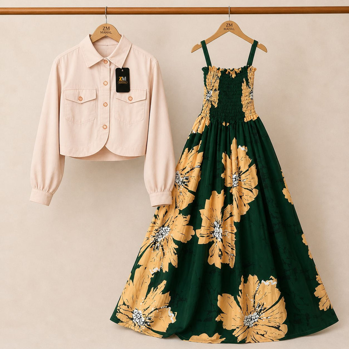 Floral Turkish Style Smokie Maxi Dress Set with Jacket for Women
