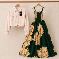 Floral Turkish Style Smokie Maxi Dress Set with Jacket for Women