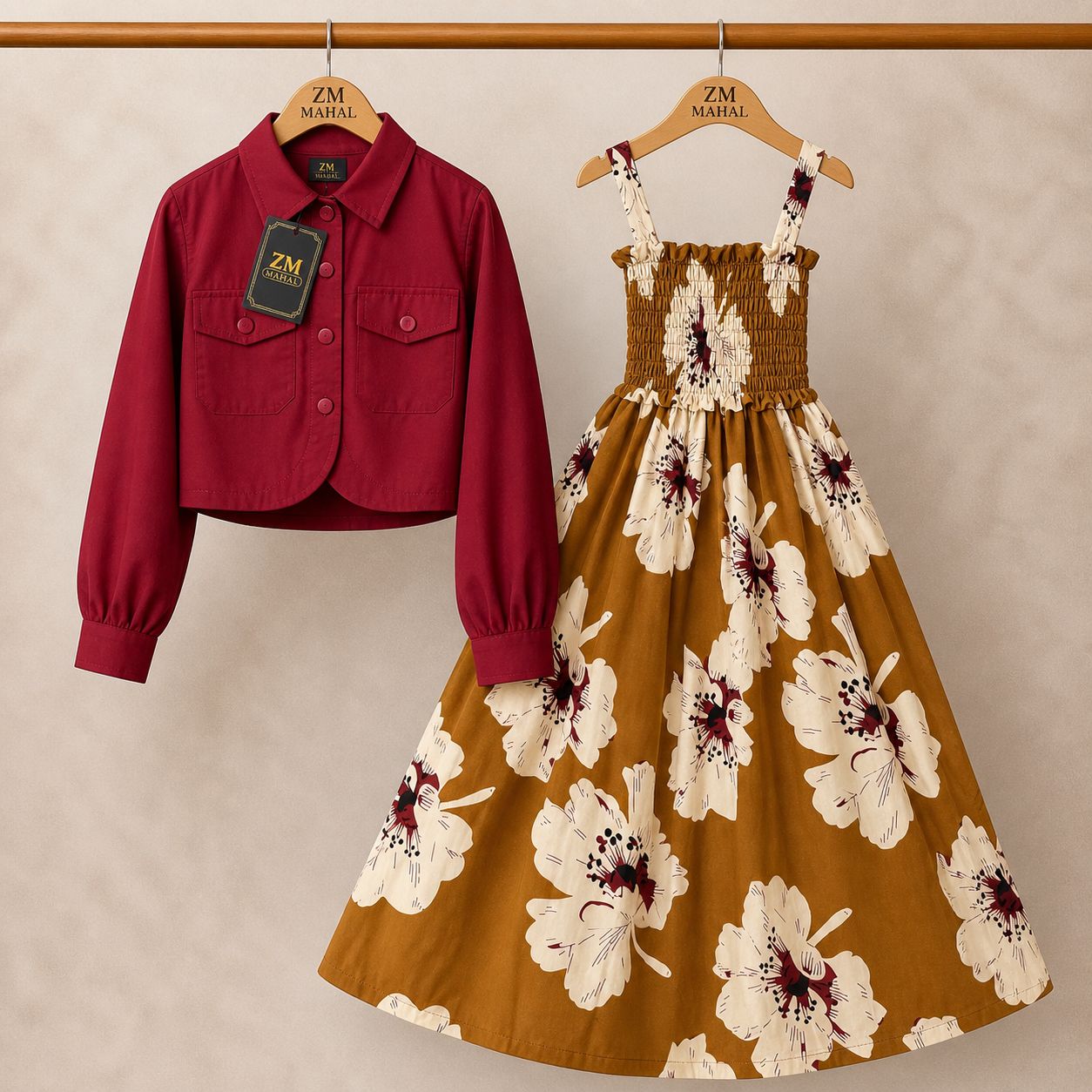 Floral Turkish Style Smokie Maxi Dress Set with Jacket for Women