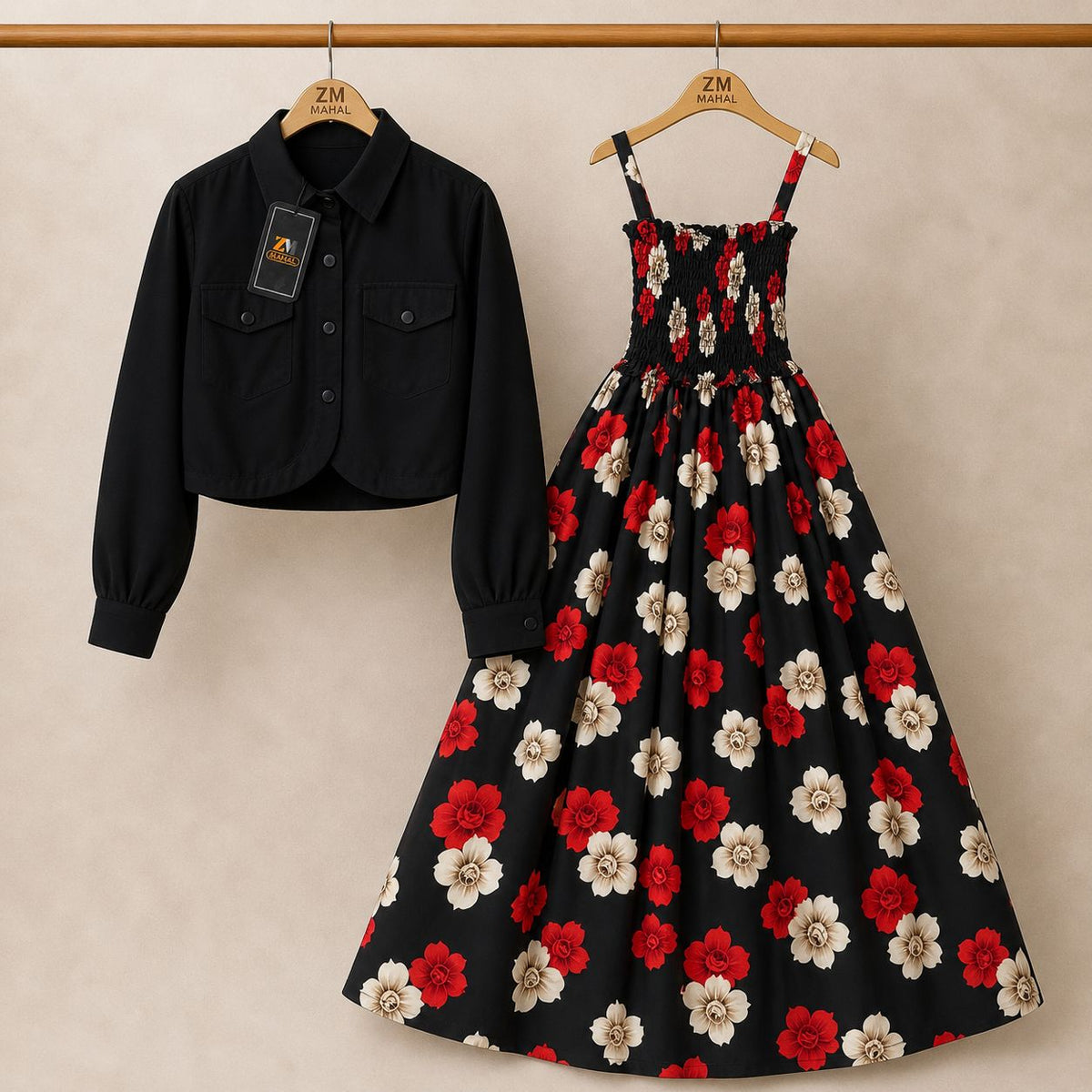 Floral Turkish Style Smokie Maxi Dress Set with Jacket for Women