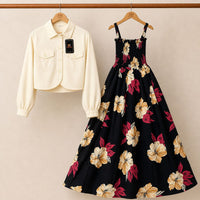 Floral Turkish Style Smokie Maxi Dress Set with Jacket for Women