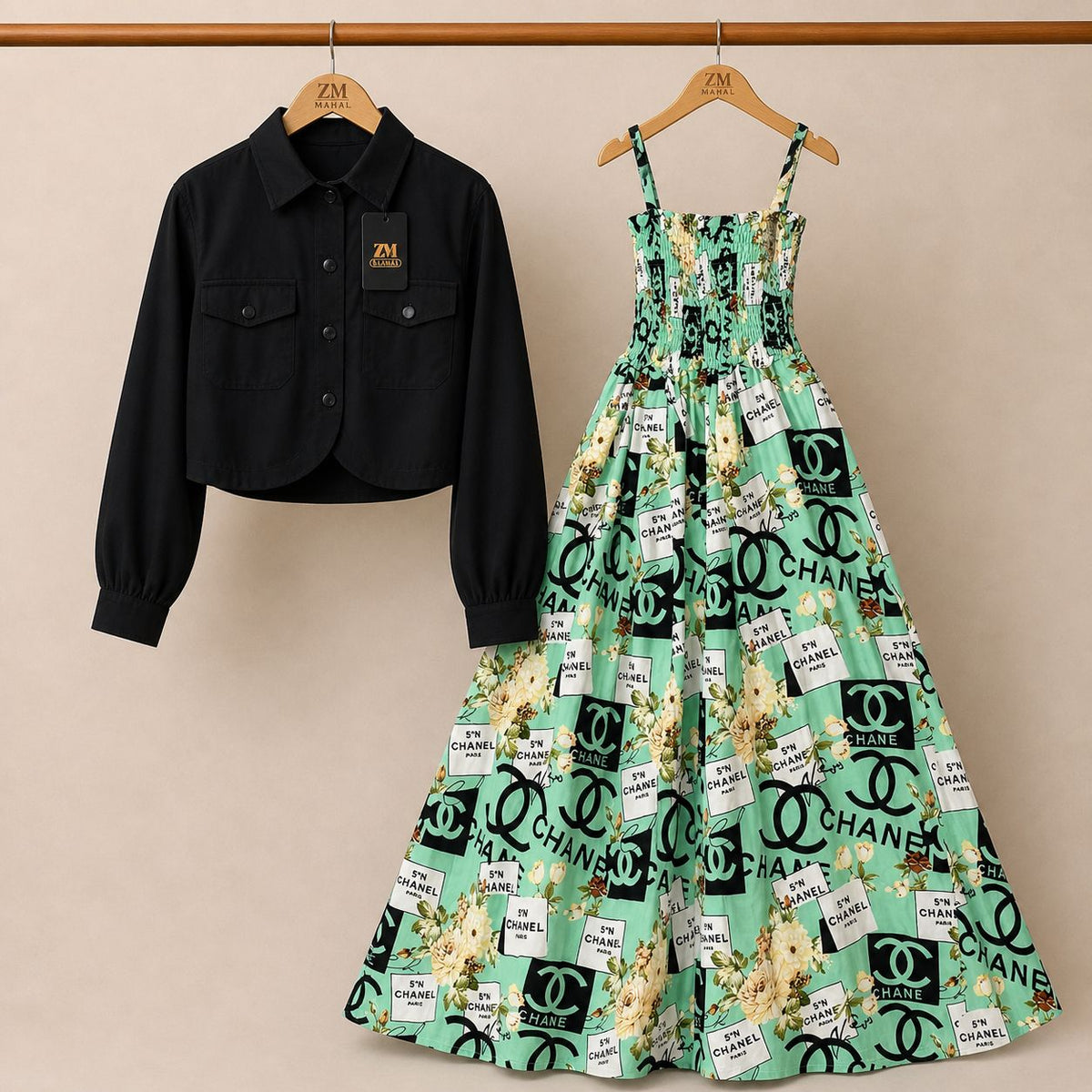 Floral Turkish Style Smokie Maxi Dress Set with Jacket for Women