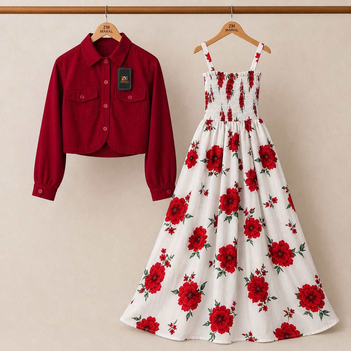 Floral Turkish Style Smokie Maxi Dress Set with Jacket for Women