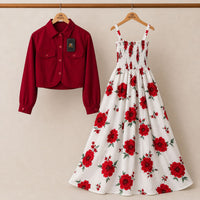 Floral Turkish Style Smokie Maxi Dress Set with Jacket for Women