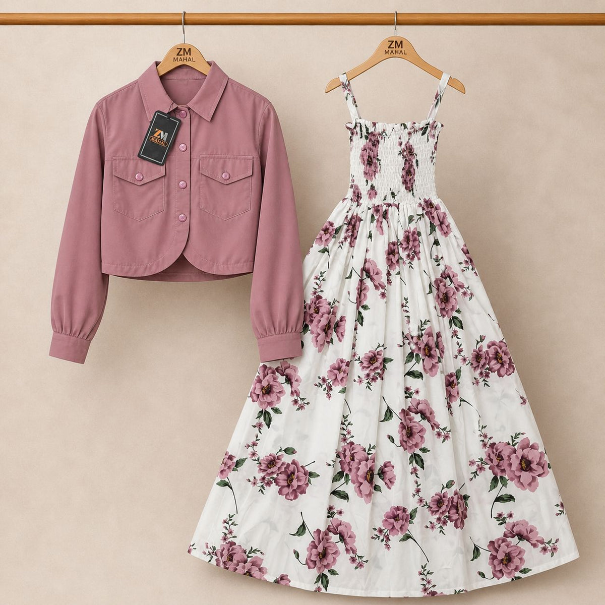 Floral Turkish Style Smokie Maxi Dress Set with Jacket for Women