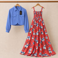 Floral Turkish Style Smokie Maxi Dress Set with Jacket for Women