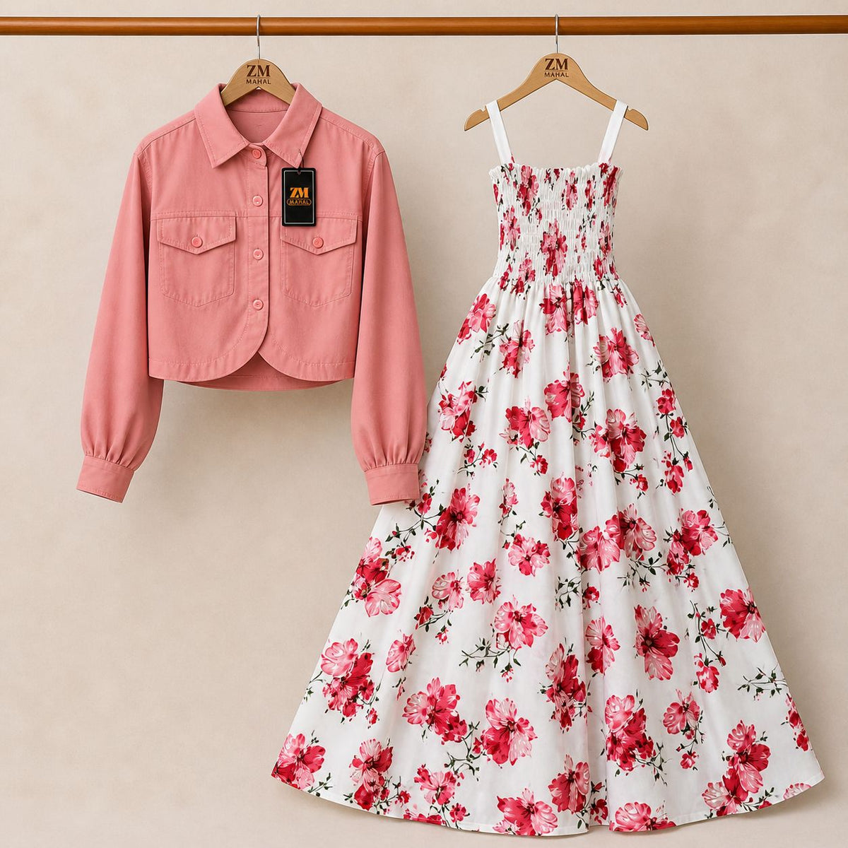 Floral Turkish Style Smokie Maxi Dress Set with Jacket for Women