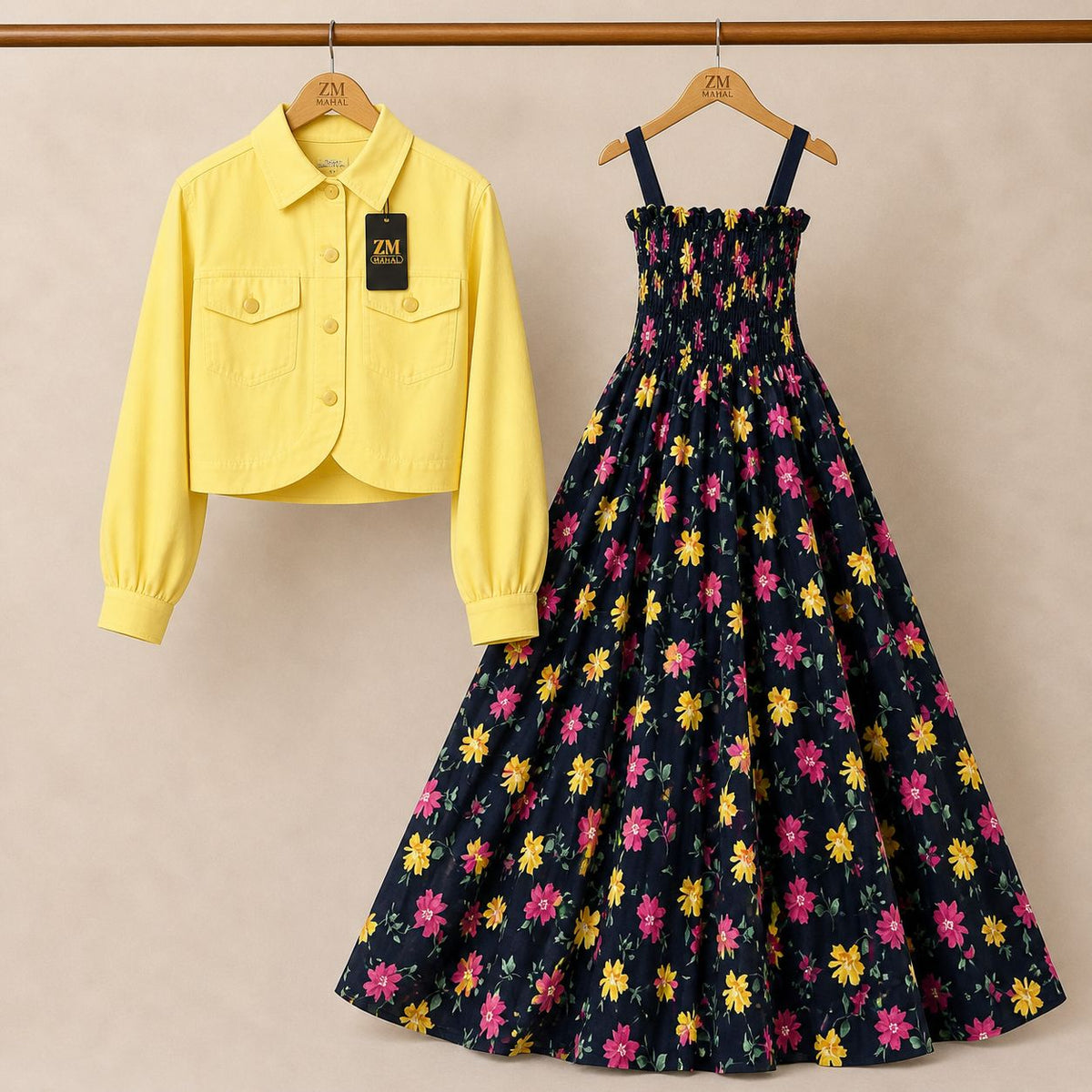 Floral Turkish Style Smokie Maxi Dress Set with Jacket for Women