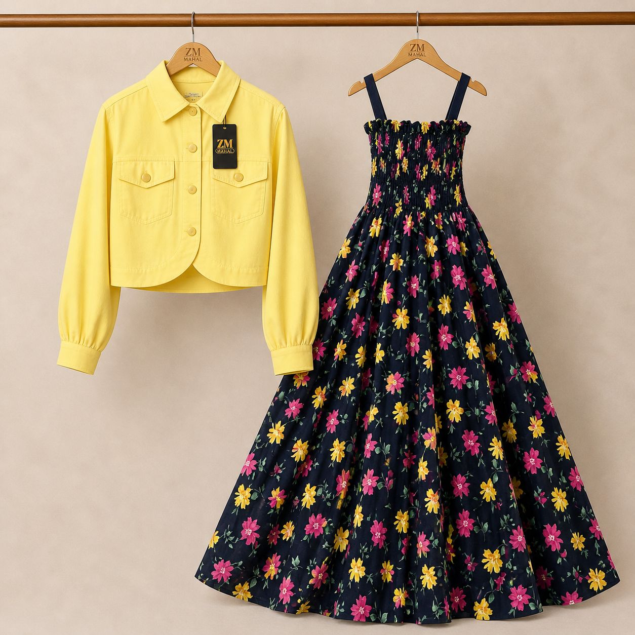 Floral Turkish Style Smokie Maxi Dress Set with Jacket for Women
