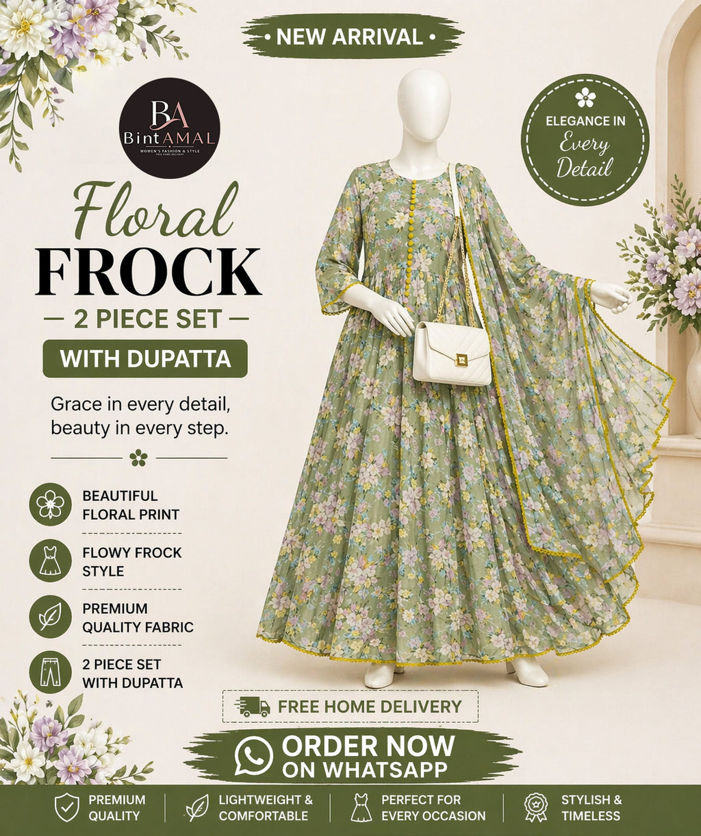 Stylish Bonanza Style 2 Piece Floral Frock with Dupatta
