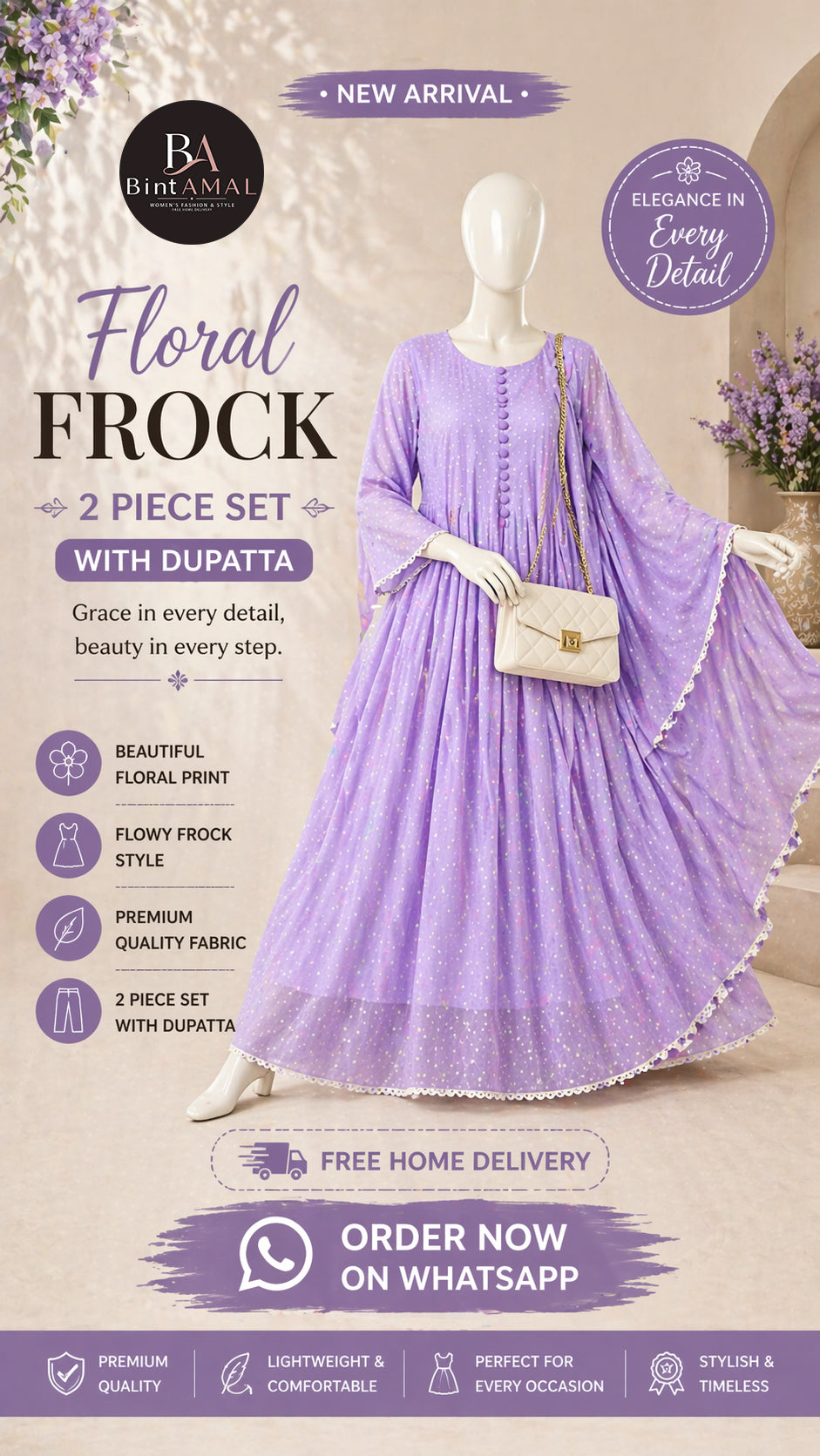 Stylish Bonanza Style 2 Piece Floral Frock with Dupatta