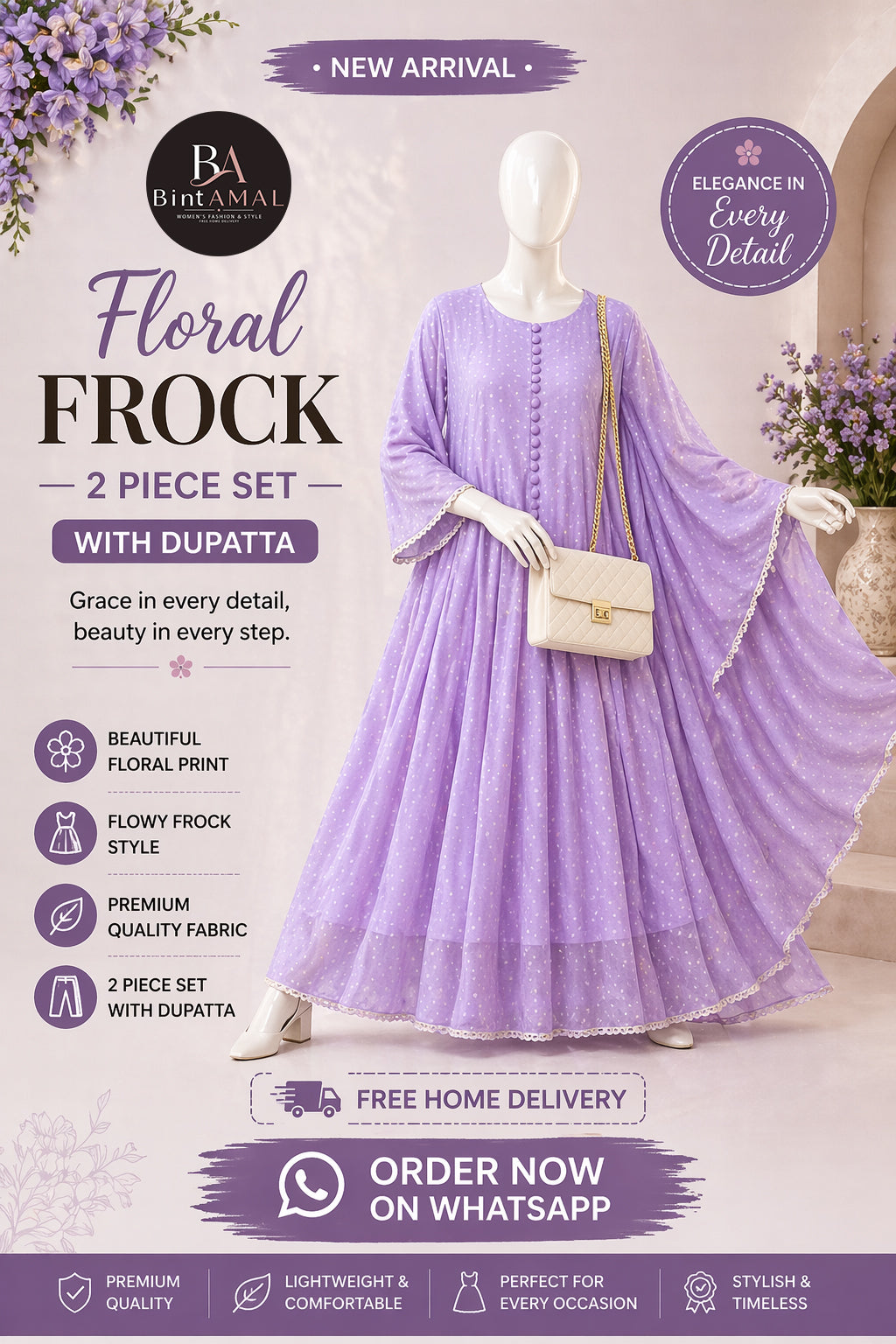 Stylish Bonanza Style 2 Piece Floral Frock with Dupatta