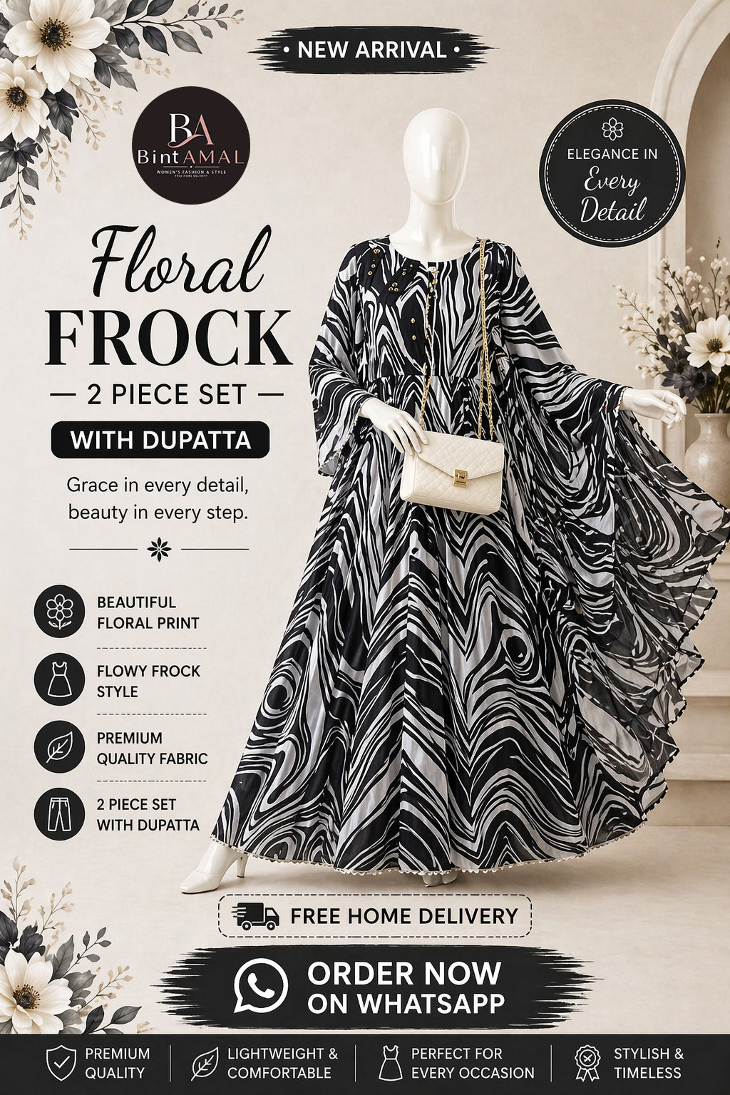 Stylish Bonanza Style 2 Piece Floral Frock with Dupatta