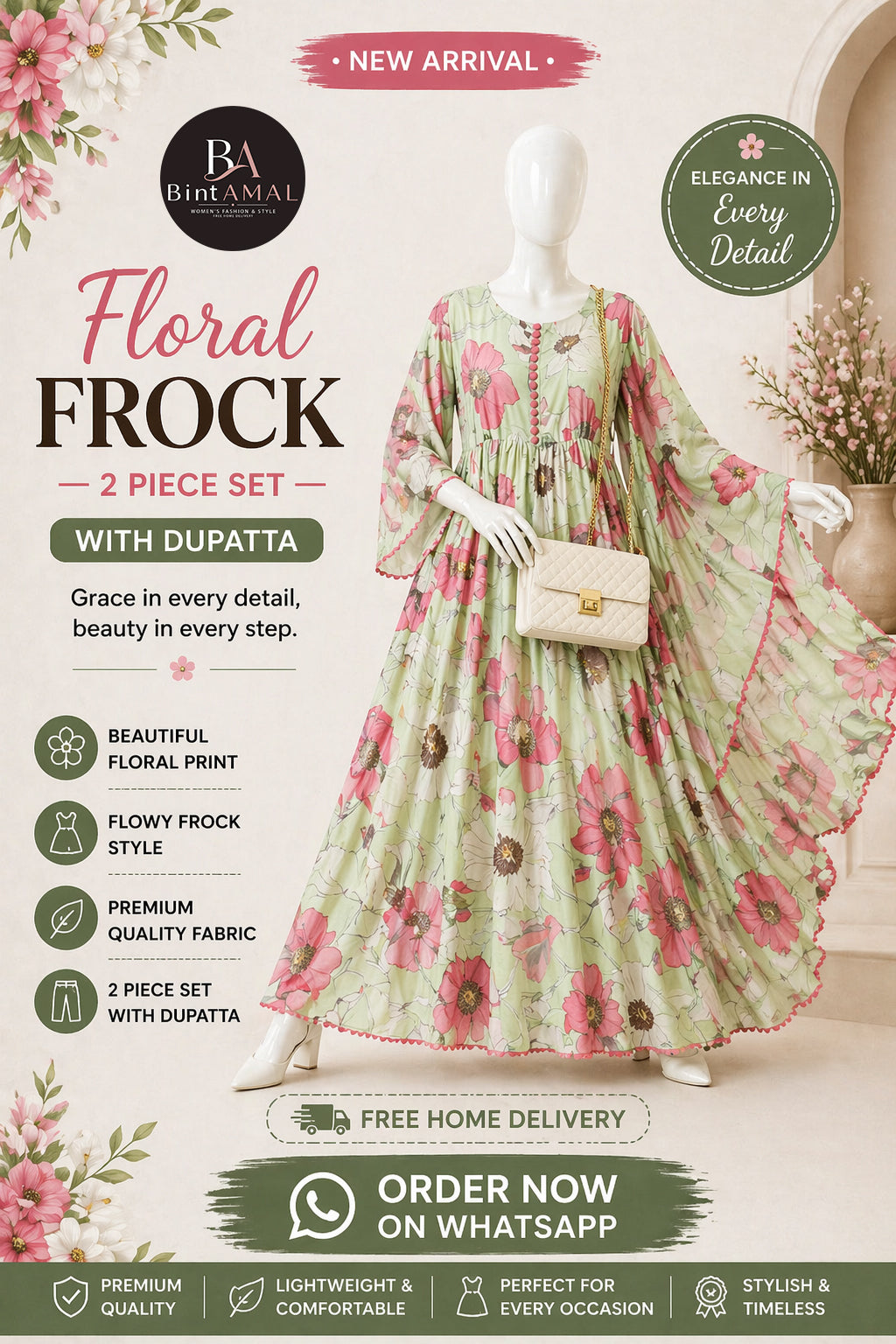 Stylish Bonanza Style 2 Piece Floral Frock with Dupatta
