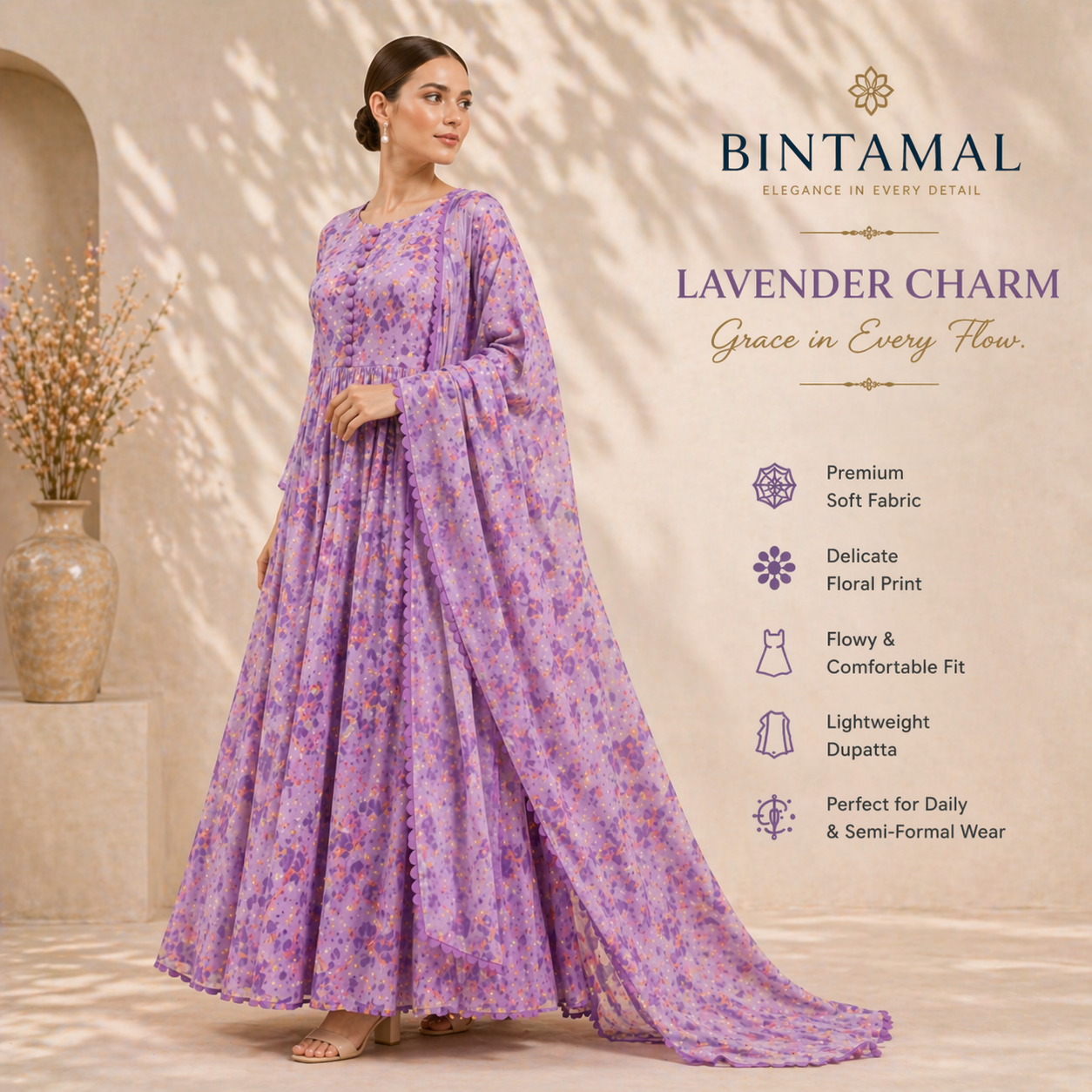 Stylish Bonanza Style 2 Piece Floral Frock with Dupatta