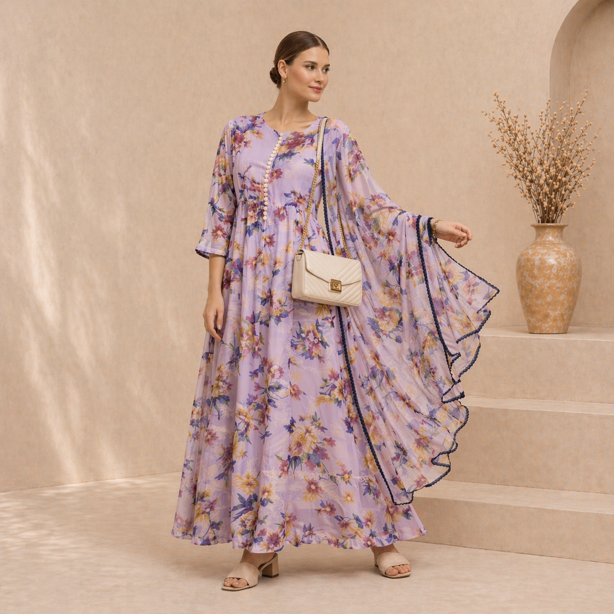 Stylish Bonanza Style 2 Piece Floral Frock with Dupatta Code-2