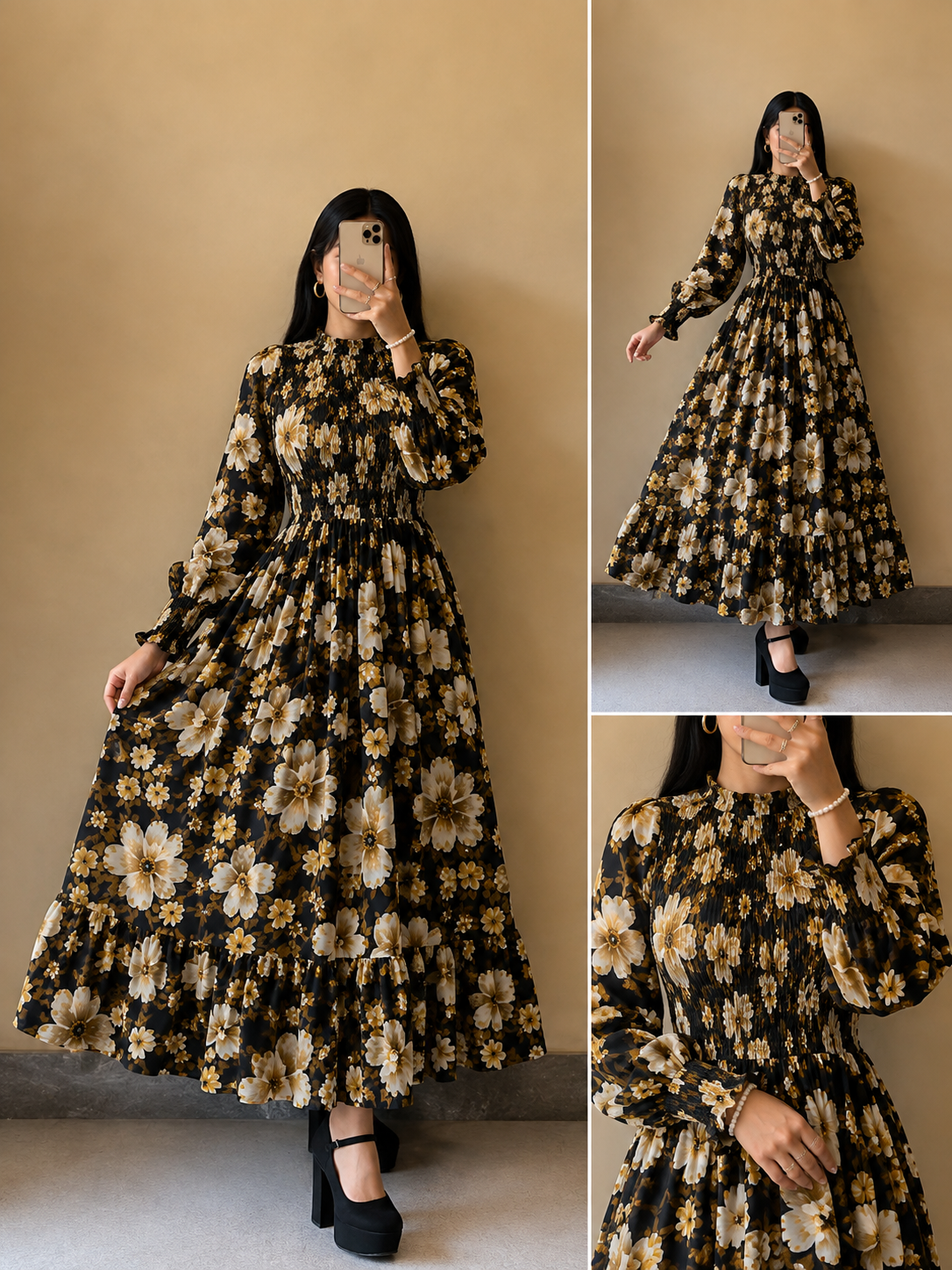 Floral Imported Chiffon Smocked Maxi Dress for Women