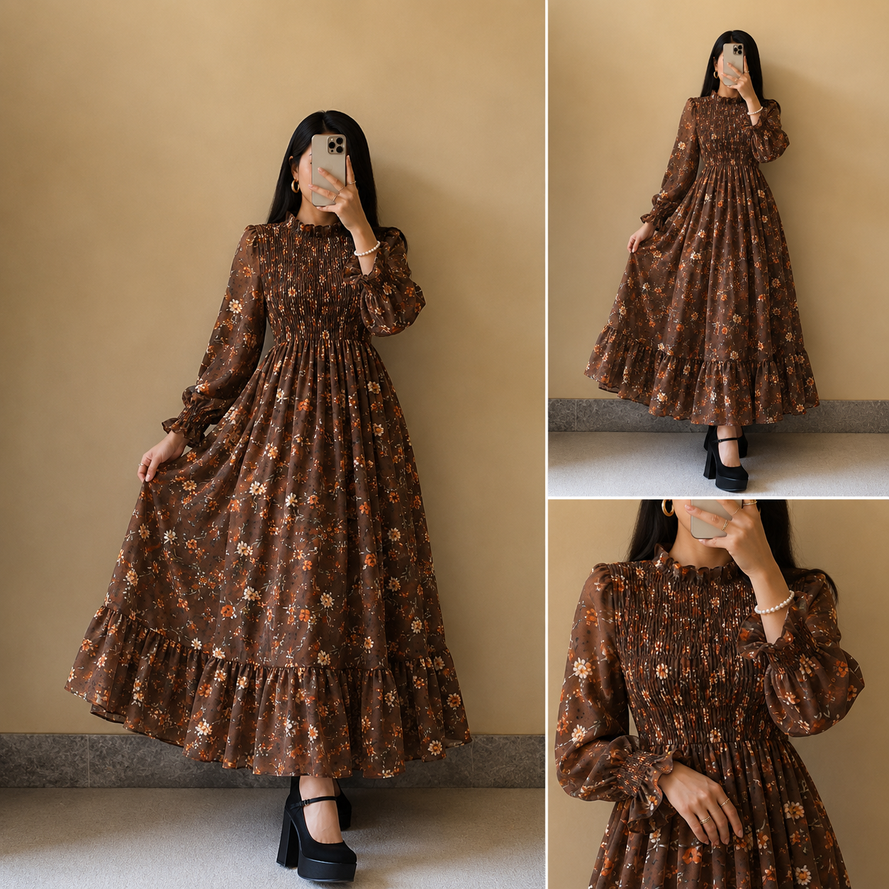 Floral Imported Chiffon Smocked Maxi Dress for Women