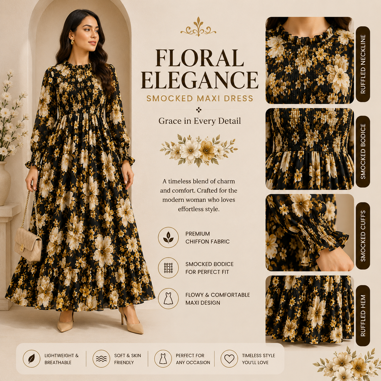 Floral Imported Chiffon Smocked Maxi Dress for Women