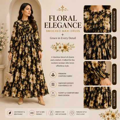 Floral Imported Chiffon Smocked Maxi Dress for Women