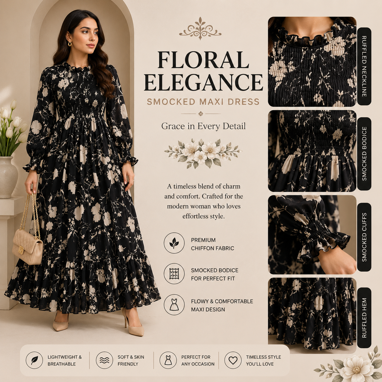 Floral Imported Chiffon Smocked Maxi Dress for Women