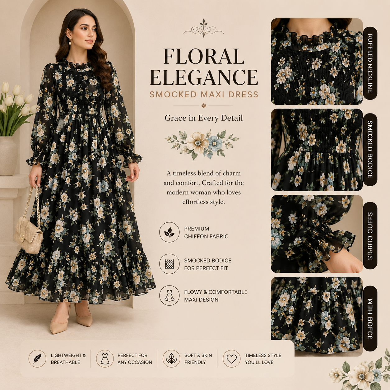 Floral Imported Chiffon Smocked Maxi Dress for Women