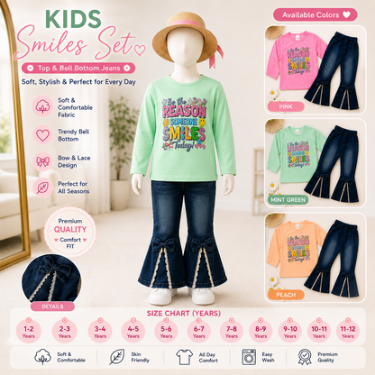 Kids Girls Printed Top & Bell Bottom Jeans 2-Piece Set