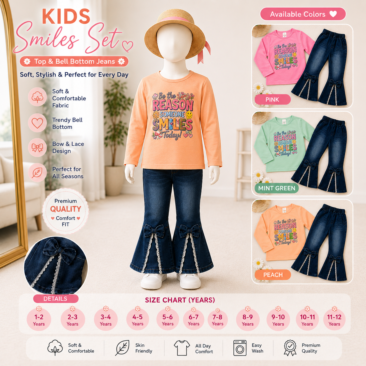 Kids Girls Printed Top & Bell Bottom Jeans 2-Piece Set