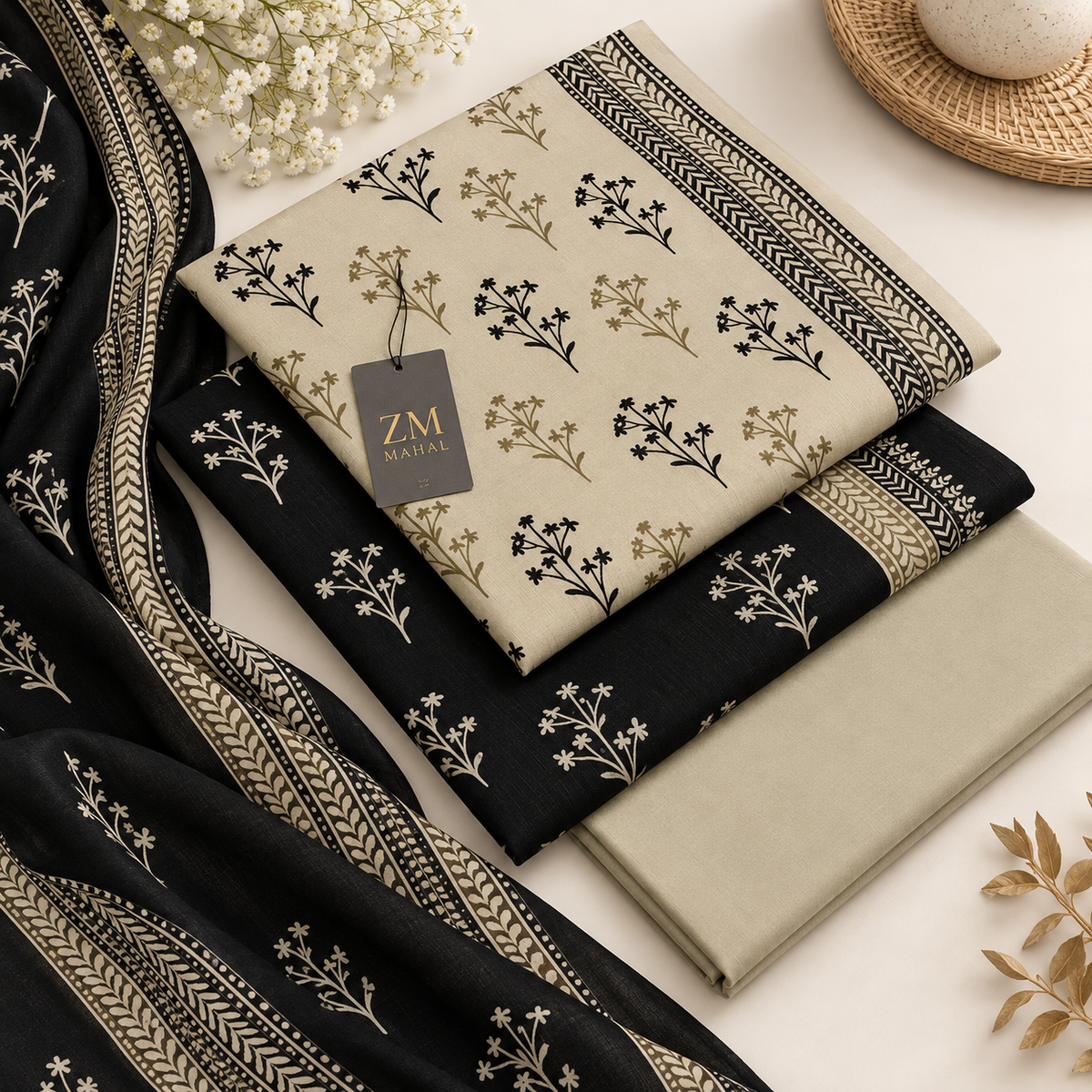 Sage Noir Botanical – Imported Digital Lawn 3 Piece Suit