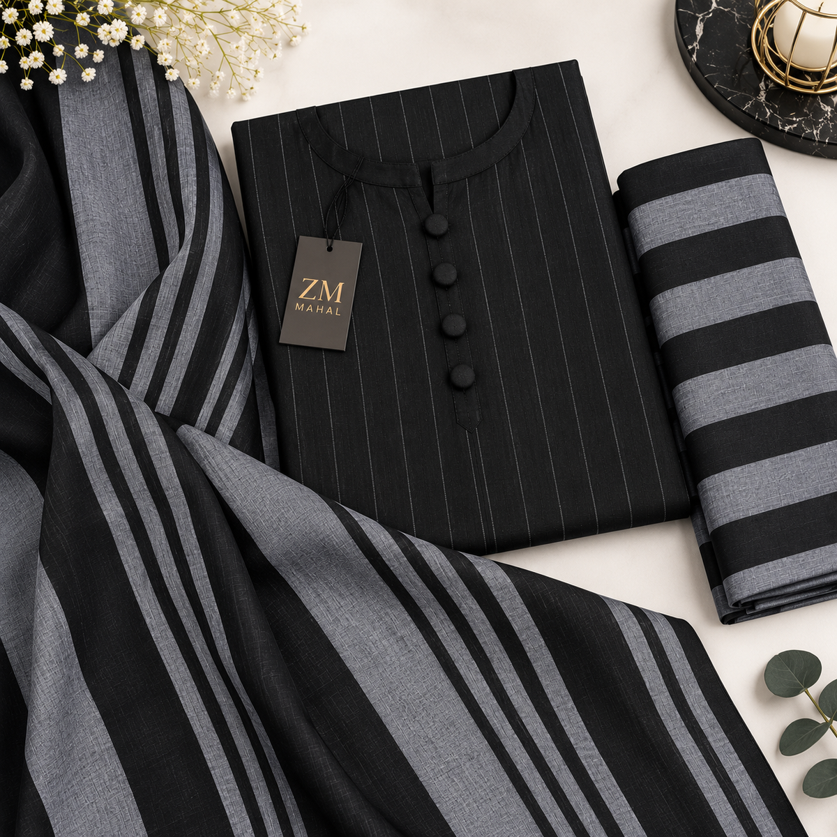 Sage Noir Botanical – Imported Digital Lawn 3 Piece Suit