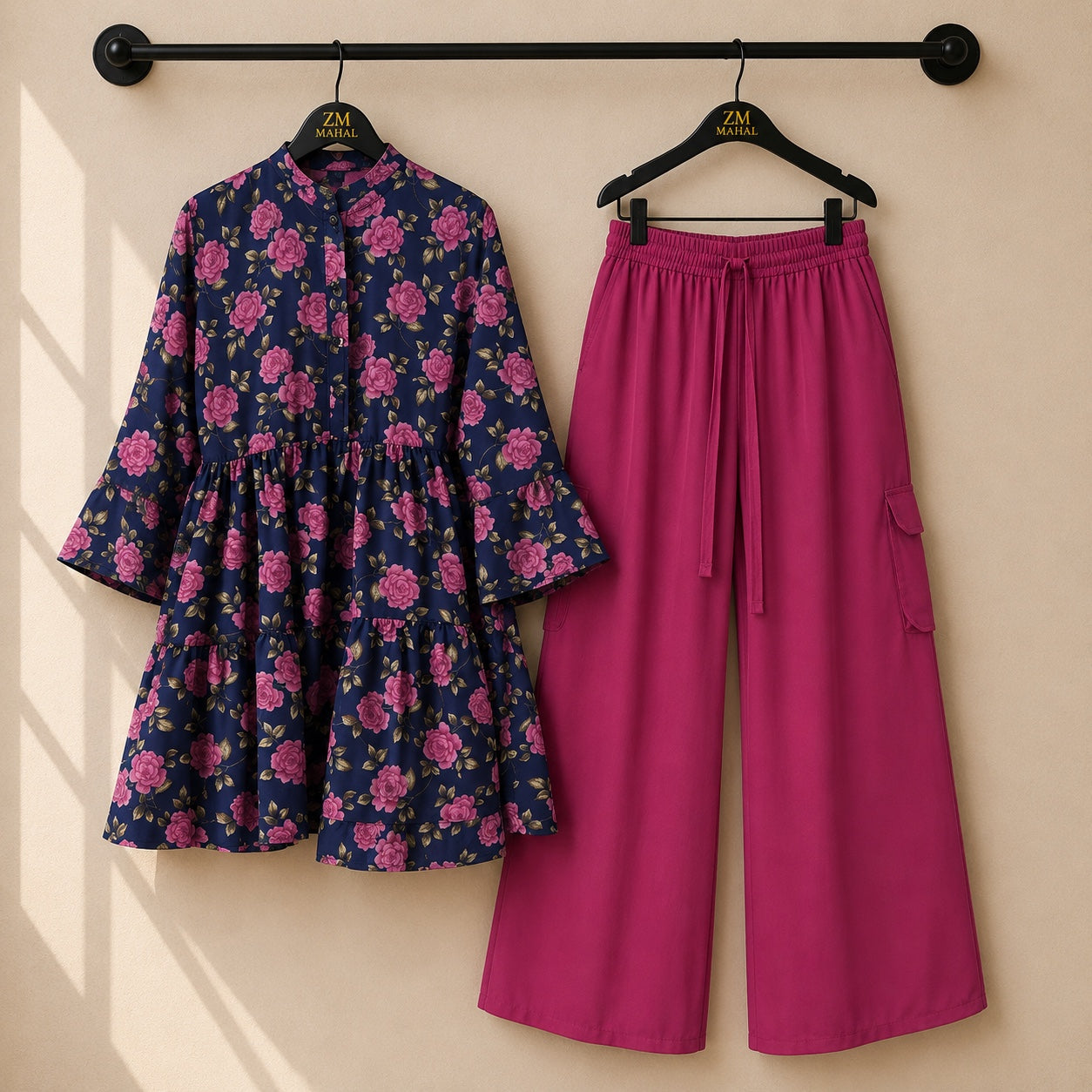 Women's floral printed tunic co-ord set with wide-leg cargo trousers in premium fabric.
