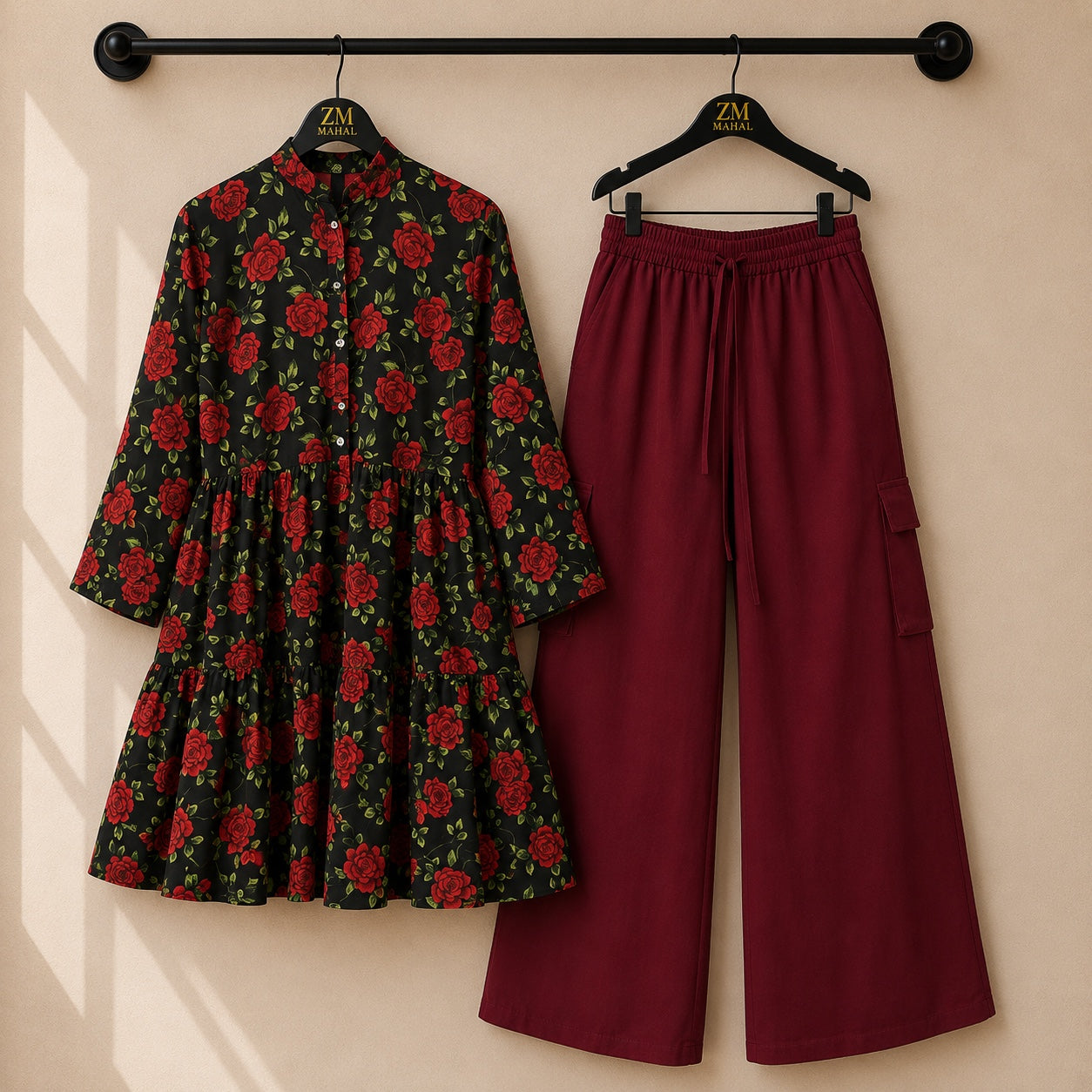 Women's floral printed tunic co-ord set with wide-leg cargo trousers in premium fabric.