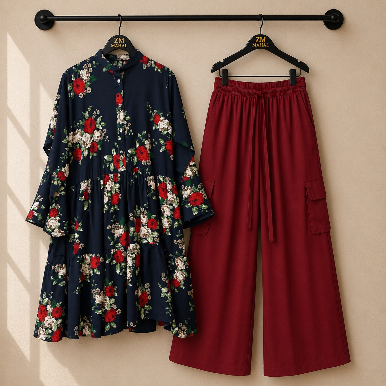 Women's floral printed tunic co-ord set with wide-leg cargo trousers in premium fabric.