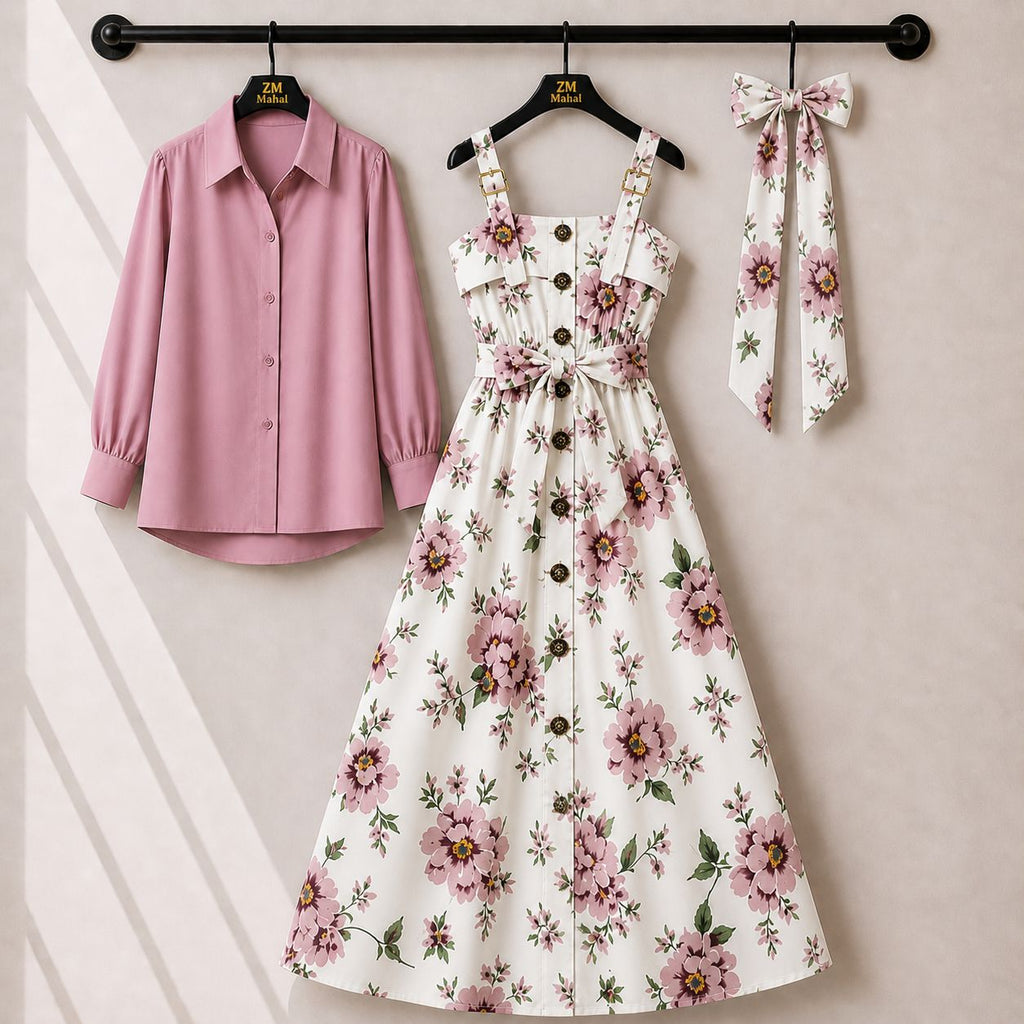Floral Strap Maxi Dress with Shirt for Women | Elegant Flowy Maxi Outfit
