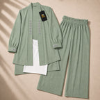 Sage green sequence embroidered georgette 3-piece co-ord set with wide-leg trousers