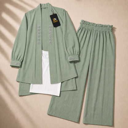 Sage green sequence embroidered georgette 3-piece co-ord set with wide-leg trousers