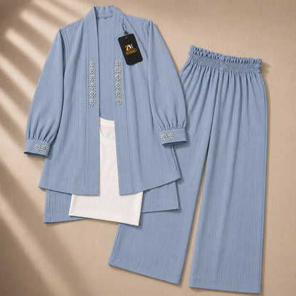 Light blue georgette wide-leg co-ord set with embroidered shrug